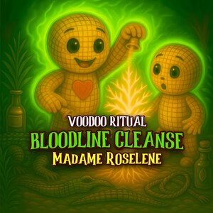 以下が含まれることがあります： 緑色のオーラに囲まれた、格子模様の2体の黄色いブードゥー人形のイラスト。テキスト「VOODOO RITUAL BLOODLINE CLEANSE MADAME ROSELINE」は様式化されたフォントで表示され、背景にはワニとボトルが描かれています。