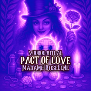 Pode incluir: Uma ilustração em tons de roxo com uma figura de cartola segurando uma rosa, uma boneca com padrão de grade e uma vela acesa. O texto diz VOODOO RITUAL PACT OF LOVE MADAME ROSELENE. Pequenos frascos e moedas estão dispostos à frente.