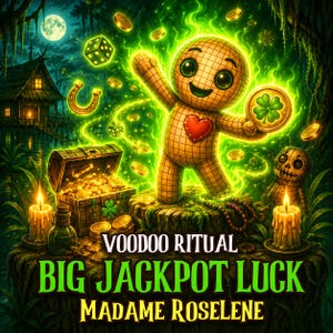 May include: Digital art featuring a voodoo doll with a heart, surrounded by glowing green energy, coins, and dice. A treasure chest overflows with gold coins. The text reads "Voodoo Ritual, Big Jackpot Luck, Madame Roselene."