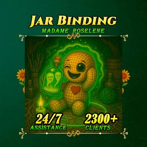 Op de afbeelding: Illustratie van een gele voodoopop die een fles vasthoudt met twee gloeiende gezichten. De pop heeft een rood hart en knipoogt. Tekst luidt "JAR BINDING" en "MADAME ROSELINE". Extra tekst: "24/7 ASSISTANCE" en "2300+ CLIENTS".
