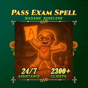 Könnte beinhalten: Illustration mit dem Text "PASS EXAM SPELL" und "MADAME ROSELINE". Eine leuchtende Puppenfigur mit Brille und Herz hält ein Blatt mit dem Buchstaben "A". Das Bild enthält den Text "24/7 ASSISTANCE" und "2300+ CLIENTS".