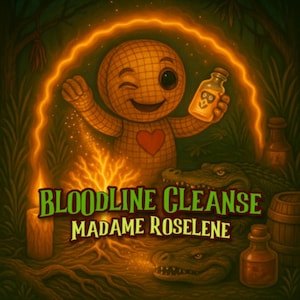 以下が含まれることがあります： ドクロのラベルが付いたボトルを持った、笑顔の人形のイラスト。人形は赤いハートを持っており、輝くオーラに囲まれています。「BLOODLINE CLEANSE MADAME ROSELINE」というテキストが下に表示されています。