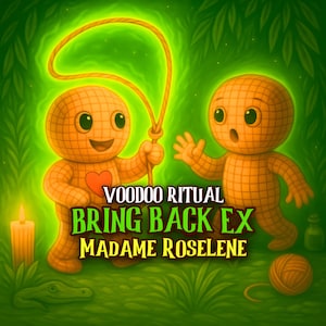 Peut inclure: Illustration de deux poupées vaudou oranges avec des motifs quadrillés, l'une tenant une corde. Le texte indique "Voodoo Ritual Bring Back Ex Madame Roselene" en vert et jaune. Une bougie allumée et un petit alligator sont dans la scène.