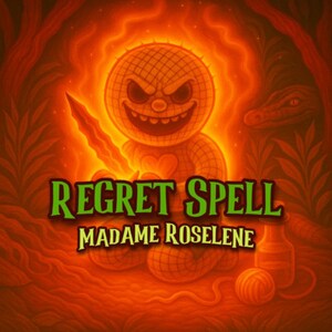 Pode incluir: Uma ilustração laranja brilhante apresentando uma boneca costurada com um sorriso largo segurando uma lâmina serrilhada. O texto REGRET SPELL MADAME ROSELENE está centralizado em verde. Um pequeno novelo de lã e uma garrafa são visíveis.