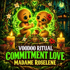 May include: Two tan, stitched fabric dolls with large green eyes kneel in a swamp setting. One doll offers a ring to the other. Text reads: VOODOO RITUAL COMMITMENT LOVE MADAME ROSELENE. Glowing green hearts, two lit candles, and red flowers surround them.