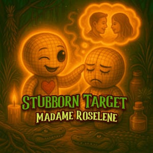 May include: Illustration featuring two glowing voodoo dolls, one winking and the other sad, with a thought bubble of a couple. Text reads "Stubborn Target Madame Roselene" in green. A candle and alligators are also present.