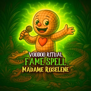 Könnte beinhalten: Illustrierte Werbung mit einer Zeichentrickfigur, die ein Mikrofon und ein rotes Herz hält, sowie dem Text "VOODOO RITUAL FAME SPELL MADAME ROSELINE". Im Hintergrund befinden sich zwei Zeichentrick-Alligatoren, mit einem grünen und gelben Farbschema.