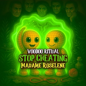 Könnte beinhalten: Illustration mit zwei gelben Voodoo-Puppen mit Gittermustern, umgeben von einer grünen Aura. Der Text "Voodoo Ritual, Stop Cheating, Madame Roselene" ist zu sehen. Der Hintergrund zeigt schattenhafte Figuren und eine sumpfige Szene.