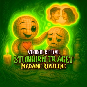 Puede incluir: Ilustración de dos muñecos vudú, uno guiñando con un corazón, el otro triste, con una burbuja de pensamiento de una pareja. El texto dice "Voodoo Ritual Stubborn Traget Madame Roselene" con caimanes y una vela.