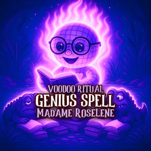 May include: A digital illustration featuring a glowing, spherical character wearing glasses and reading a book, surrounded by purple flames. The text reads "VOODOO RITUAL GENIUS SPELL MADAME ROSELINE" with two cartoon alligators.
