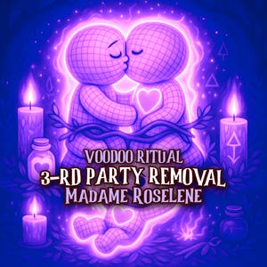 May include: Digital art featuring two grid-patterned figures kissing, surrounded by a glowing purple aura. The image includes candles, a heart symbol, and text that reads "VOODOO RITUAL 3-RD PARTY REMOVAL MADAME ROSELINE."