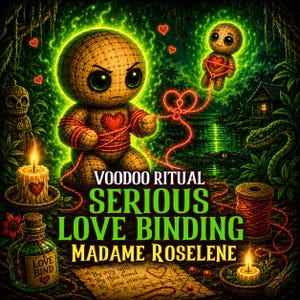 Pode incluir: Ilustração de uma boneca vodu com um coração, envolta em fio vermelho, e o texto "VOODOO RITUAL SERIOUS LOVE BINDING MADAME ROSELENE." Outros elementos incluem velas, um frasco de poção e uma pequena boneca vodu.