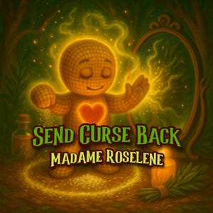 May include: An illustration of a doll-like figure with a heart-shaped chest, surrounded by glowing energy. The text "SEND CURSE BACK" and "MADAME ROSELINE" are displayed in green and white. A mirror and a candle are also visible.