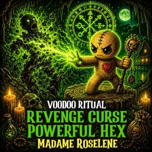 May include: A voodoo doll with a red heart patch stands on a tree stump, casting green energy at a spectral figure. The text reads VOODOO RITUAL REVENGE CURSE POWERFUL HEX MADAME ROSELENE. The scene includes glowing candles, a skull, and a staff.