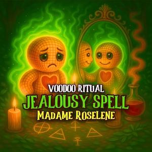 May include: An illustration with a green background features a voodoo doll with a sad expression and a heart-shaped chest. The text reads "Voodoo Ritual Jealousy Spell Madame Roselene."