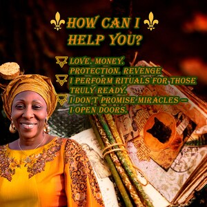 May include: An image featuring a woman in a yellow and orange outfit with text that reads "HOW CAN I HELP YOU?" and lists services like love, money, and protection. The image includes a book and other items, suggesting a spiritual or mystical theme.