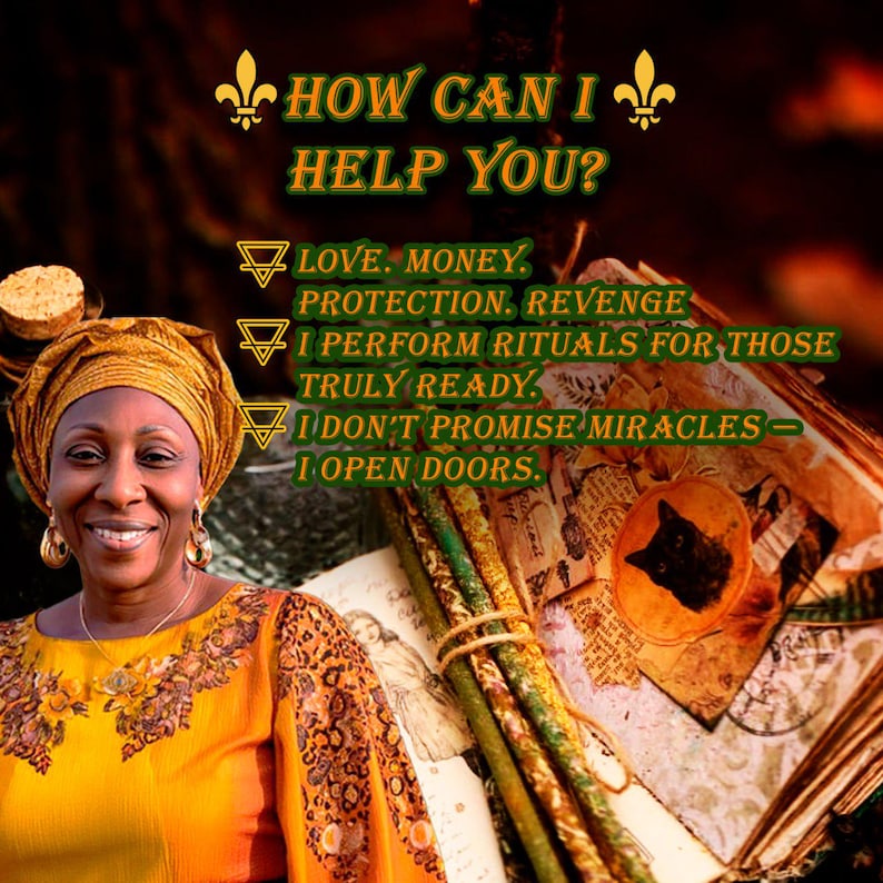 May include: An image featuring a woman in a yellow and orange outfit with text that reads "HOW CAN I HELP YOU?" and lists services like love, money, and protection. The image includes a book and other items, suggesting a spiritual or mystical theme.