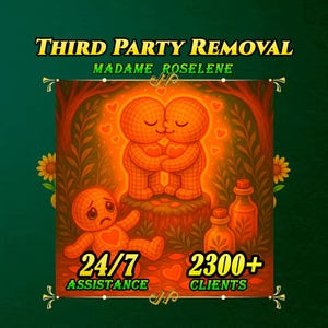May include: An illustration with the text "THIRD PARTY REMOVAL" and "MADAME ROSELINE". It features two embracing figures with hearts, a sad figure, and bottles. The image has a green and orange color scheme.