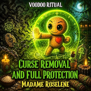 May include: An illustration with the text "VOODOO RITUAL" and "CURSE REMOVAL AND FULL PROTECTION MADAME ROSELINE". A yellow voodoo doll with a red heart is in a green energy field. Other elements include candles, a potion bottle, and a forest background.