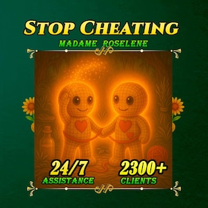 Könnte beinhalten: Eine digitale Grafik mit zwei leuchtend orangefarbenen Voodoo-Puppen, die Händchen halten und durch einen roten Faden verbunden sind. Text: STOP CHEATING, MADAME ROSELENE, 24/7 ASSISTANCE und 2300+ CLIENTS. Dunkelgrüner Hintergrund mit Sonnenblumen.