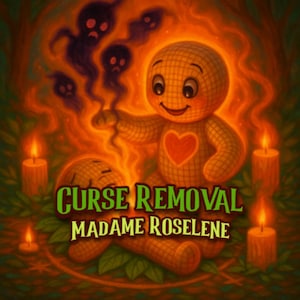 以下が含まれることがあります： 炎とろうそくに囲まれた、心臓のマークが付いた縫い人形のカラフルなイラストです。「CURSE REMOVAL MADAME ROSELINE」の文字が下に表示され、背景には影のような人物が描かれています。