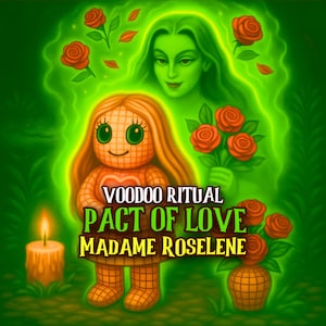 May include: An illustration with a green background features a doll with orange hair and a heart-shaped chest. The text "VOODOO RITUAL PACT OF LOVE MADAME ROSELINE" is displayed. A green-skinned woman and red roses are also present.