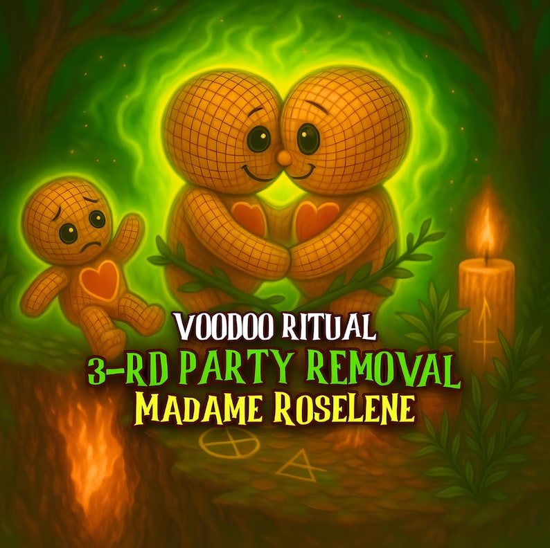 May include: Digital illustration featuring three voodoo dolls, two embracing with hearts, and one sad doll. The image has a green glow, a lit candle, and text that reads "VOODOO RITUAL, 3-RD PARTY REMOVAL, MADAME ROSELINE."