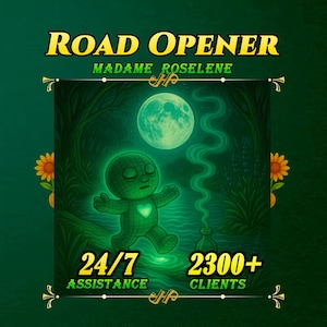 以下が含まれることがあります： 「ROAD OPENER」と「MADAME ROSELINE」のテキストが入ったイラスト広告。光る緑色の人物が光る月に向かって歩いています。画像には「24/7 ASSISTANCE」と「2300+ CLIENTS」のテキストも含まれています。