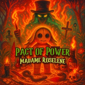 May include: A vibrant illustration with a mystical theme. A voodoo doll is in front of a green-faced figure wearing a top hat. The text "PACT OF POWER MADAME ROSELINE" is displayed. The scene includes candles, snakes, and a skull.