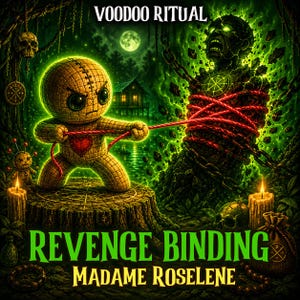 May include: A digital illustration titled VOODOO RITUAL and REVENGE BINDING MADAME ROSELENE featuring a tan stitched voodoo doll pulling a red rope tied around a dark, glowing green figure. The scene includes candles, skulls, and a full moon.