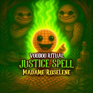 Könnte beinhalten: Eine digitale Illustration mit einer orangefarbenen Puppe mit Gittermuster, umgeben von einer hellgrünen Aura. Der Text lautet VOODOO RITUAL JUSTICE SPELL MADAME ROSELENE. Zwei texturierte Figuren, zwei Glasflaschen und zwei Alligatoren sind zu sehen.