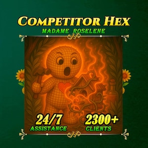 以下が含まれることがあります： 「COMPETITOR HEX MADAME ROSELINE」のテキストが入ったイラスト。ハンマーを持った人形のような姿、鳥小屋、そして「24/7 ASSISTANCE」と「2300+ CLIENTS」のテキストが特徴です。画像には濃い緑色の縁取りがあります。