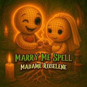 Op de afbeelding: Een illustratie met twee poppetjes, een knipoogt en houdt een ring vast, de ander met een sluier. De tekst "MARRY ME SPELL MADAME ROSELINE" is groen. De afbeelding heeft een warm kleurenpalet met kaarsen en een flesje.