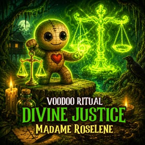 May include: Digital art featuring a voodoo doll with a heart, holding a scale. The text reads "Voodoo Ritual Divine Justice Madame Roselene". The background includes a glowing scale, a raven, candles, and a potion bottle.