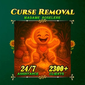 以下が含まれることがあります： 「CURSE REMOVAL」と「MADAME ROSELINE」の文字が入ったイラスト。ハートの形をした胸を持つ、笑顔で輝く人物が、ボトルと植物に囲まれています。画像には「24/7 ASSISTANCE」と「2300+ CLIENTS」の文字も含まれています。