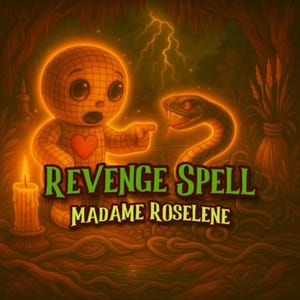 May include: An illustration featuring a glowing, stitched doll with a heart, pointing at a snake. The words "REVENGE SPELL" and "MADAME ROSELINE" are displayed in green and white text. A lit candle and lightning are also visible.