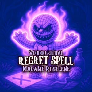 May include: Digital artwork depicting a purple voodoo doll with a grid pattern, framed by a pink-purple aura. The text reads "VOODOO RITUAL REGRET SPELL MADAME ROSELINE". A bottle, a ball of yarn, and a cross are also visible.