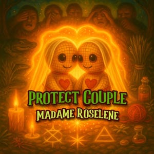 May include: An illustration featuring two doll-like figures with heart-shaped chests, surrounded by a golden aura. The text "PROTECT COUPLE MADAME ROSELINE" is displayed in green. The background includes candles, symbols, and figures.