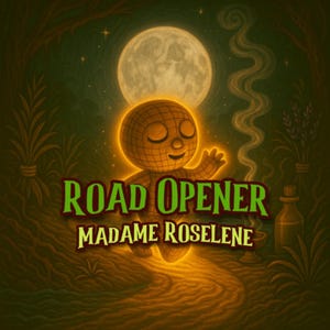 以下が含まれることがあります： マダム・ロゼレーヌによる「ロードオープナー」のイラスト広告。画像には、目を閉じた、グリッド模様の光る人物が小道に立っています。満月と様式化された植物が背景にあります。テキストは緑色で、赤いアウトラインが付いています。
