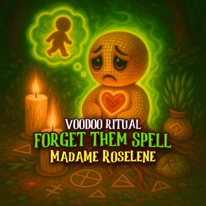 May include: An illustration of a voodoo doll with a red heart, surrounded by candles and a thought bubble with a person. The text reads "Voodoo Ritual Forget Them Spell Madame Roselene."