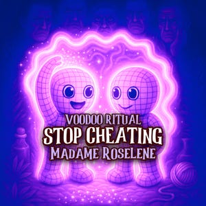 Puede incluir: Una ilustración digital con dos figuras de patrón de cuadrícula que brillan en luz violeta intensa. El texto dice Voodoo Ritual Stop Cheating Madame Roselene. El fondo muestra rostros oscuros y serios y un ovillo de lana en tonos morados.