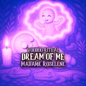 Puede incluir: Ilustraci&oacute;n morada y azul con una figura brillante con patr&oacute;n de cuadr&iacute;cula, una figura sonriente en un aura brillante, una vela encendida y el texto "VOODOO RITUAL DREAM OF ME MADAME ROSELINE."