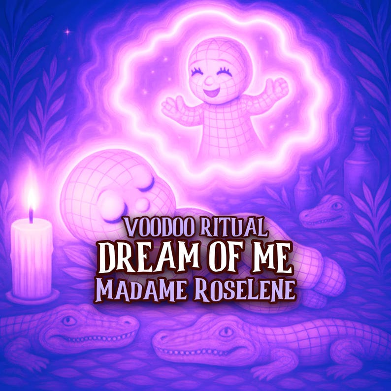 Puede incluir: Ilustraci&oacute;n morada y azul con una figura brillante con patr&oacute;n de cuadr&iacute;cula, una figura sonriente en un aura brillante, una vela encendida y el texto "VOODOO RITUAL DREAM OF ME MADAME ROSELINE."