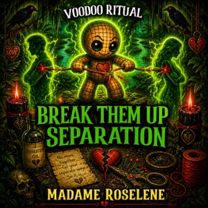 Puede incluir: Ilustración digital con el texto "VOODOO RITUAL" y "BREAK THEM UP SEPARATION". Presenta una muñeca vudú, siluetas de un hombre y una mujer, velas, un corazón roto y una botella etiquetada como "SEPARATION OIL".
