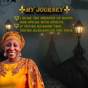 May include: An image with the text "MY JOURNEY" and the phrases "I HEAR THE WHISPER OF ROOTS AND SPEAK WITH SPIRITS. IF YOU'RE READING THIS, YOU'RE ALREADY ON THE PATH." A woman in a yellow and orange outfit smiles in front of a bridge with street lamps.