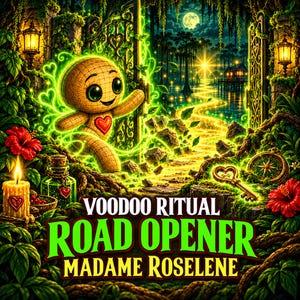 May include: A digital illustration featuring a tan voodoo doll with a red heart patch, a glowing green aura, a golden key, a compass, red hibiscus flowers, and a candle. The text reads VOODOO RITUAL ROAD OPENER MADAME ROSELENE over a swamp scene.