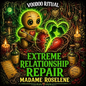 May include: An illustration with the text "VOODOO RITUAL" and "EXTREME RELATIONSHIP REPAIR MADAME ROSELENE". It features a voodoo doll sewing a broken heart, with candles, bottles of oil, and a key.
