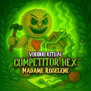 May include: An illustration of a voodoo doll with a hammer, a birdhouse, and two green bottles. The text reads "Voodoo Ritual Competitor Hex Madame Roselene" in green and red, set against a green background with leafy elements.
