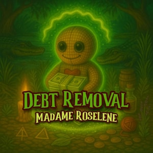 以下が含まれることがあります： お金を持っているブードゥー人形のイラストで、「Debt Removal Madame Roselene」というテキストが入っています。画像は緑と金の配色で、背景にはワニ、前景にはろうそくがあります。