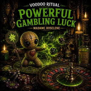 Könnte beinhalten: Eine Illustration mit einer Voodoo-Puppe, Würfeln, einem Rouletterad und Kerzen. Der Text lautet "POWERFUL GAMBLING LUCK". Das Bild hat ein dunkles, mystisches Thema, mit Fokus auf Glücksspiel.